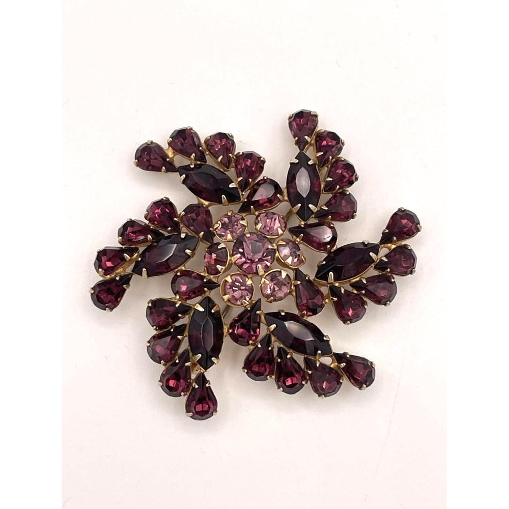 Vintage Purple Rhinestone Floral Starburst Brooch Gold Tone Cluster Pin